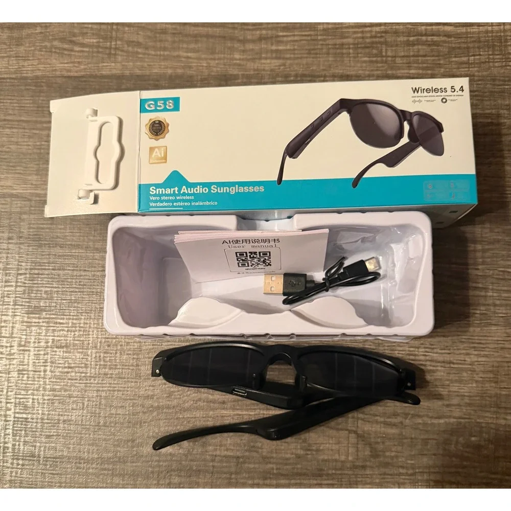 G58 Smart Audio Sunglasses Wireless 5.4 AI Stereo Bluetooth Black Open Ear Boxed